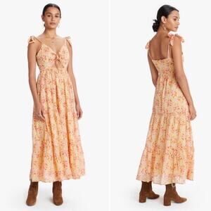 NWT Banjanan Zoe Maxi Dress Clover Field Yellow Cutout Shoulder Tie Size Large